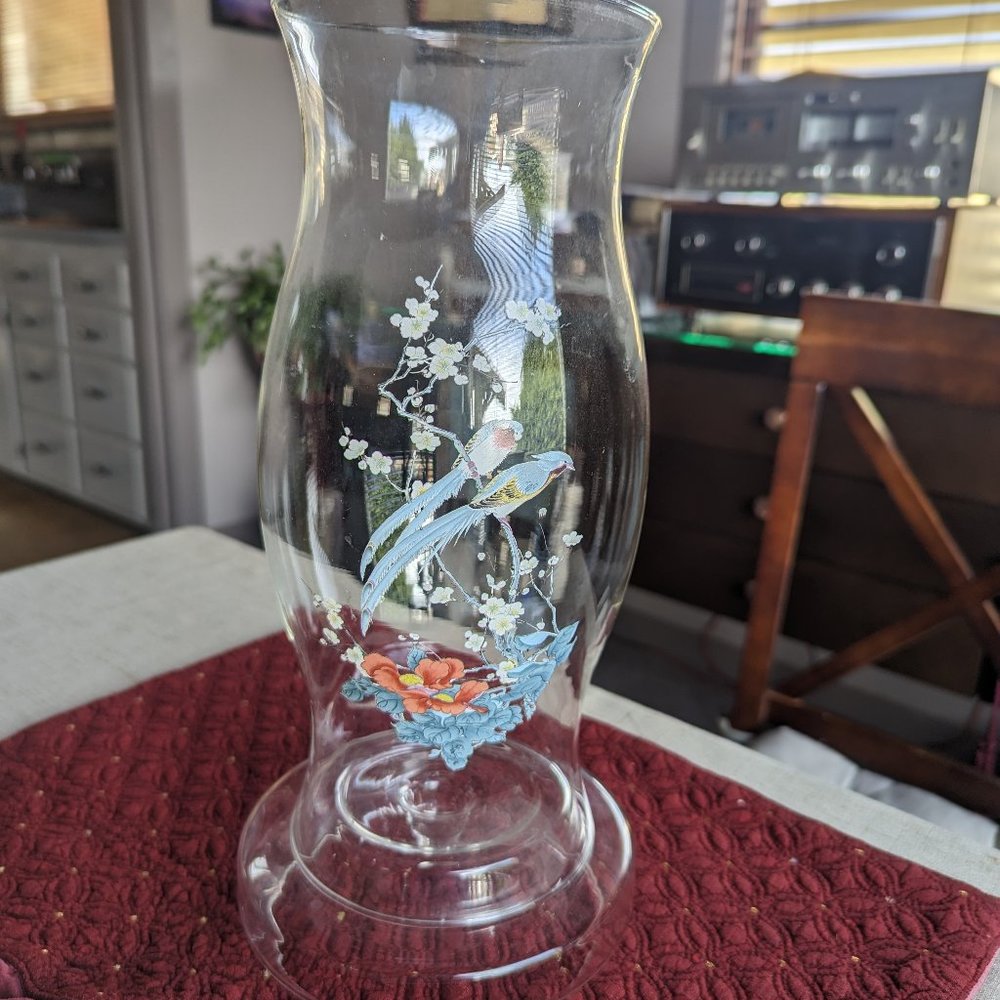 Vintage Hurricane candle globe glass with base birds printed